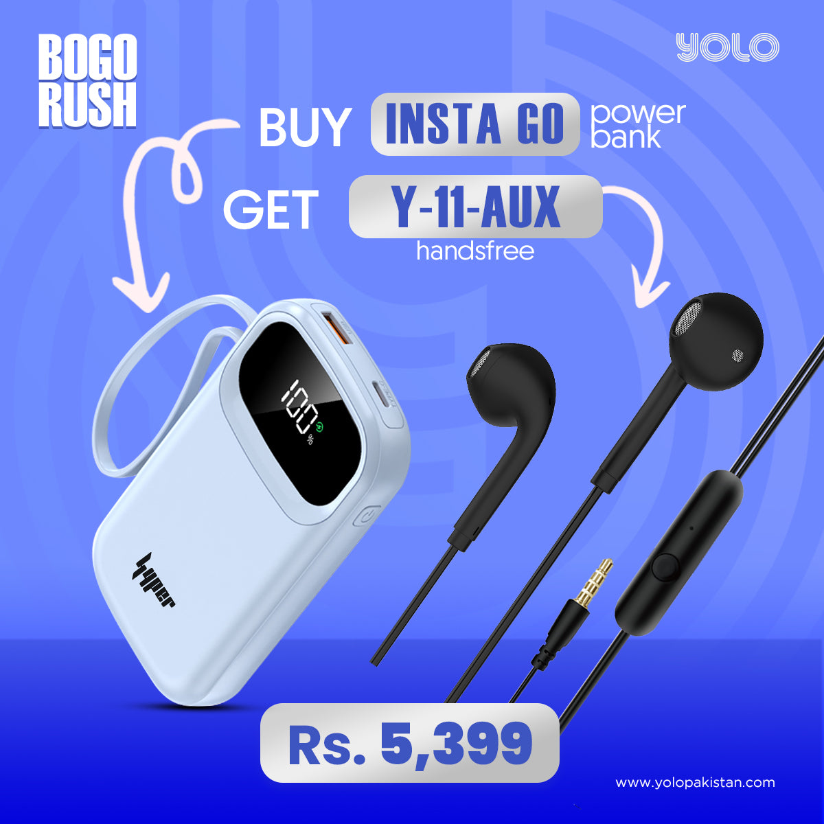 Insta Go Power Bank - BOGO Offer: Free Aux Stereo Handsfree (Y-11)